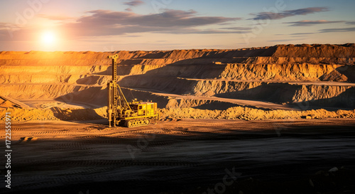 Stunning sunset over open pit mine with heavy machinery drilling rocks