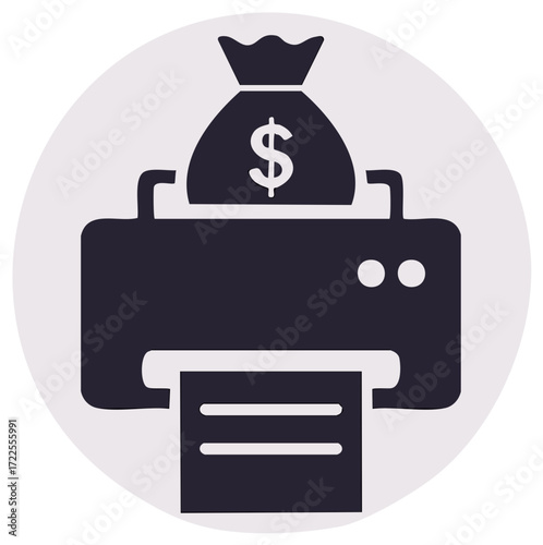 Money Bag on Printer Icon Concept for Printing Income and Finances