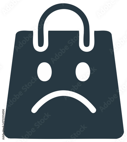 Sad shopping bag icon expressing buyer regret, featuring a downturned mouth and circular eyes in a dark silhouette
