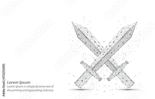 Futuristic illustration of two crossed swords isolated on a white background, representing
strength, defense, and digital warfare.Protect and secure concept.Low poly wireframe vector