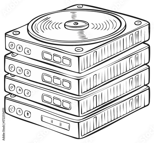 Illustration of stacked DJ turntable audio decks, monochrome vector design