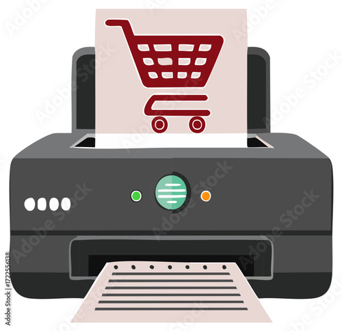 Printer printing online shopping cart icon on paper with printed document