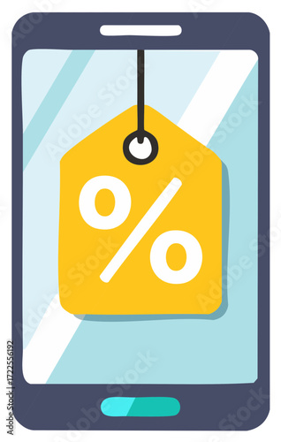 Smartphone displaying a yellow percentage discount tag for online shopping sales promotions