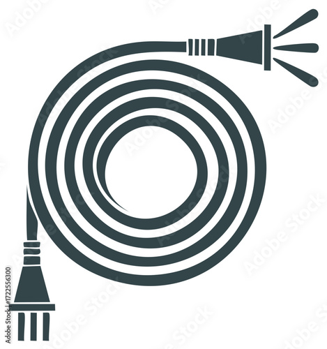 Coiled garden hose with nozzle spraying water, minimalist illustration