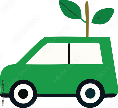 Green eco-friendly car symbol with growing plant representing sustainable transportation and environmental consciousness