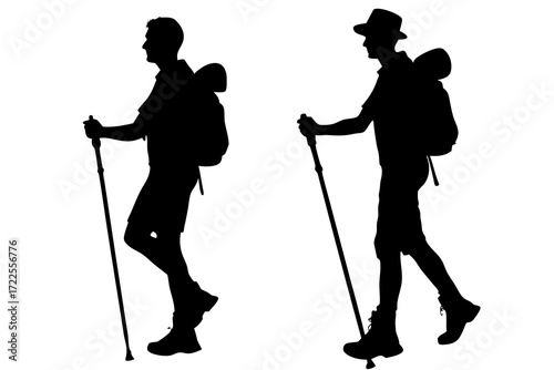 Travel with hiking stick silhouette vector 