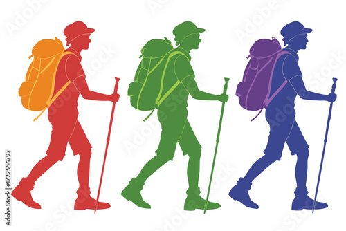 set of Travel with hiking stick silhouette vector isolated on white background