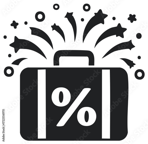 Travel sale promotion icon with a suitcase percent sign and celebratory fireworks