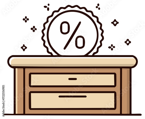 Percentage symbol on a wooden drawer cabinet illustrating a sale discount or special promotion