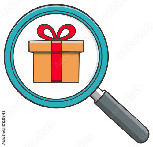 Gift box with bow under the magnifying glass vector cartoon illustration for promotion