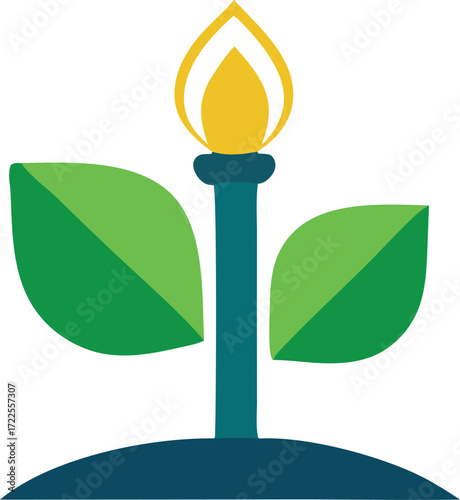 Symbolic image of green energy innovation growth and sustainable future with a fiery torch emblem