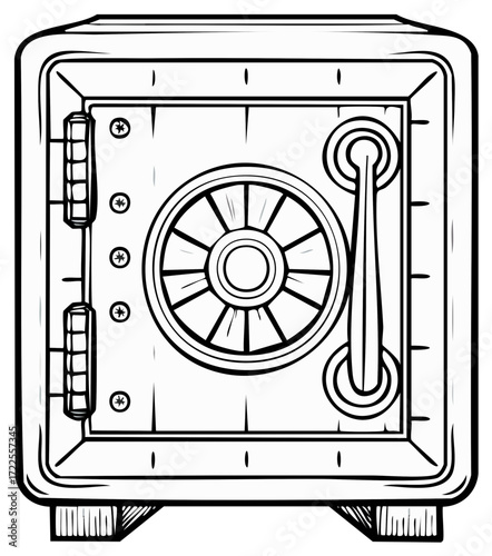 Detailed illustration of a vintage safe with a handle and dial in outline style