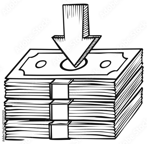 Downward Arrow on Stack of Money in Hand-Drawn Style, Business, Income, Financial Loss
