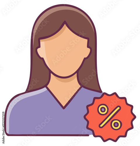 Female customer icon with a percentage discount badge for retail sales and promotions vector illustration