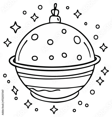 Space theme Christmas ornament coloring page with a planet and stars outline drawing