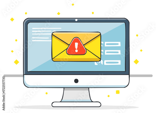 Spam email warning or phishing scam alert notification on a desktop computer monitor screen illustration