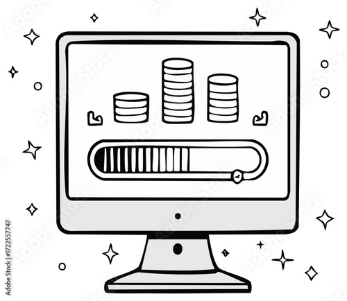 Computer screen displaying financial growth chart and loading bar with sparkling accents