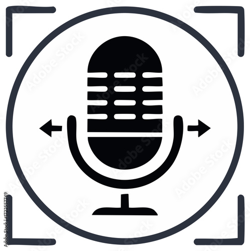 Voice recording microphone icon with expanding sound arrows and target frame for audio capture