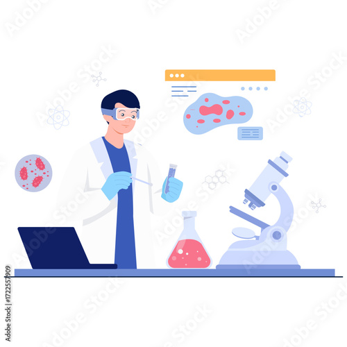 Scientist in lab with microscope laptop and flasks