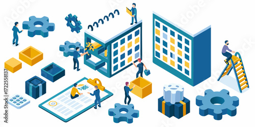 Isometric illustration of people working on a project with calendars gears and building blocks
