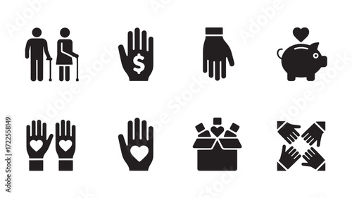 Vector art of set of icons representing charity, donation, and elderly care