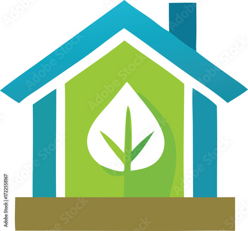 Eco-friendly green house symbol design with leaf interior representing sustainable living and environmental care