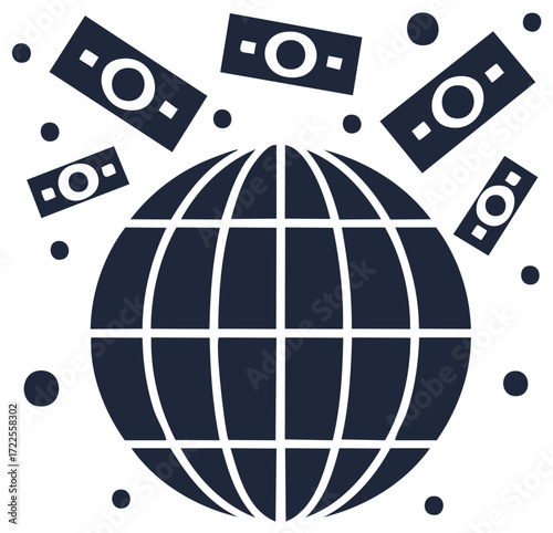 Global finances illustration of sphere with grid overlaid surrounded by falling money for international economics or investments
