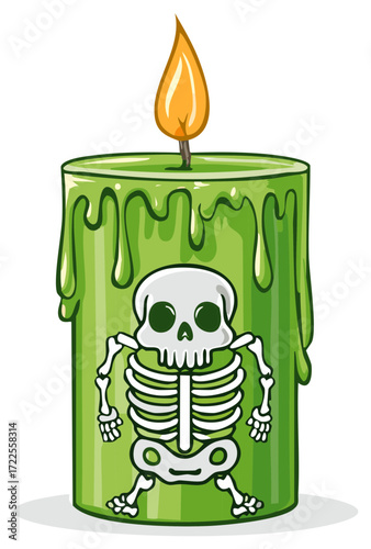 Spooky green Halloween candle featuring a cartoon skeleton and dripping wax