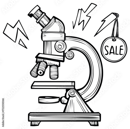 Microscope with Sale Tag and Thunderbolts Science Education Concept