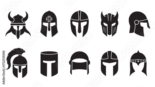 Vector art of collection of ten black silhouette medieval and fantasy helmet icons
