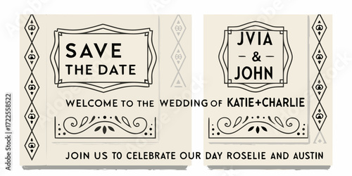 Art deco save the date wedding invitation with couple names and decorative borders
