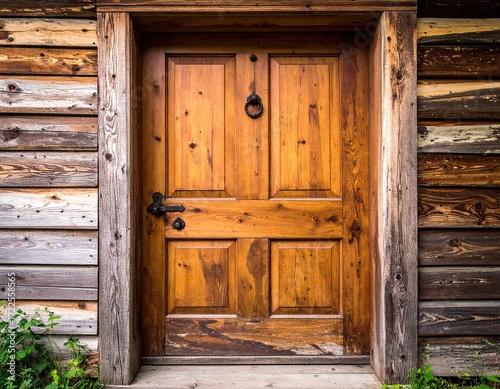 Rustic Wooden Door on Log Cabin Exterior
