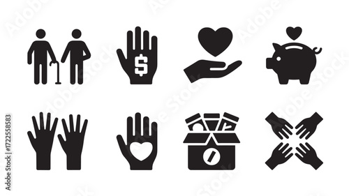 Vector art of set of black silhouette icons representing charity and donation concepts