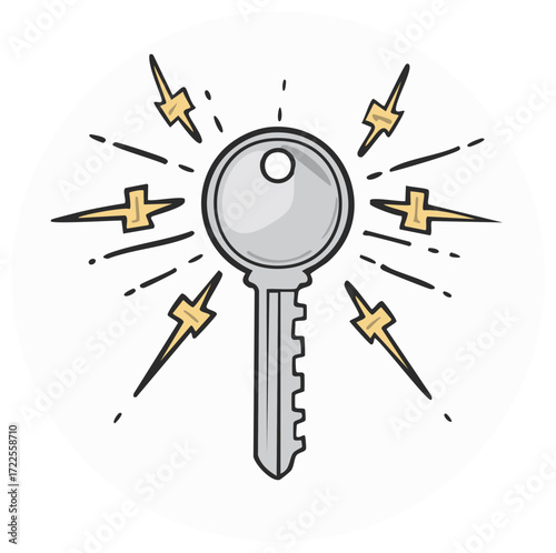 Symbol of breakthrough and success with a key radiating light and energy