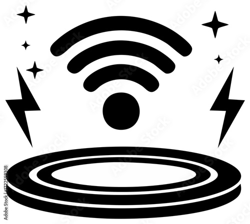 Supercharged Wi-Fi signal icon with lightning bolts and stars broadcasting from an energy platform.