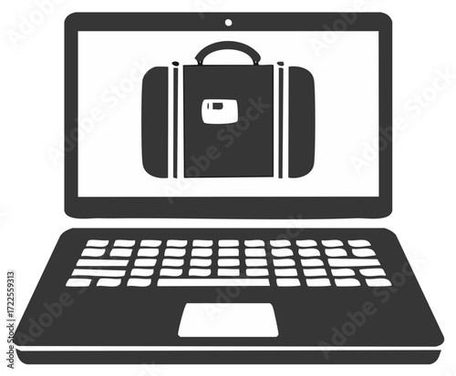 Laptop screen displays a briefcase icon symbolizing online travel bookings and business trips.
