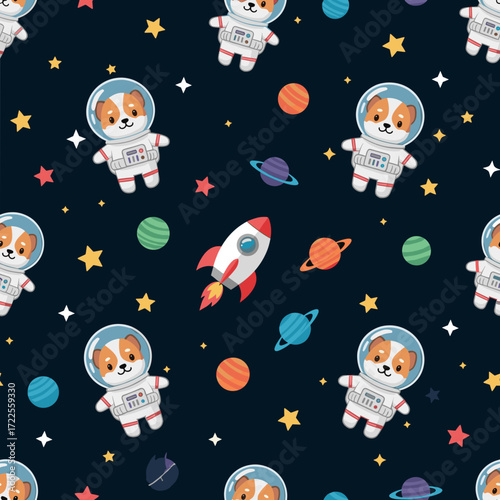 Cute dogs in astronaut suits exploring space with planets stars and a rocket Fun cosmic pattern