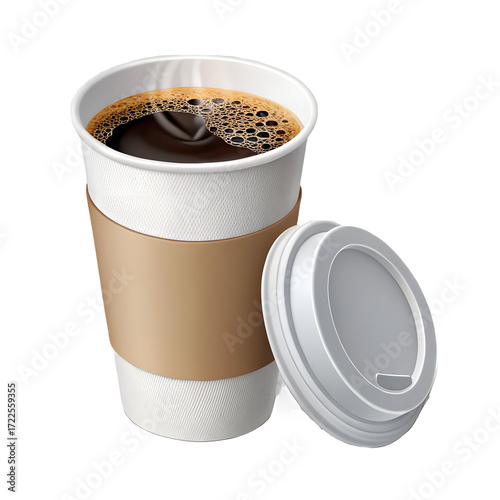Hot coffee in a disposable cup with lid on a black background