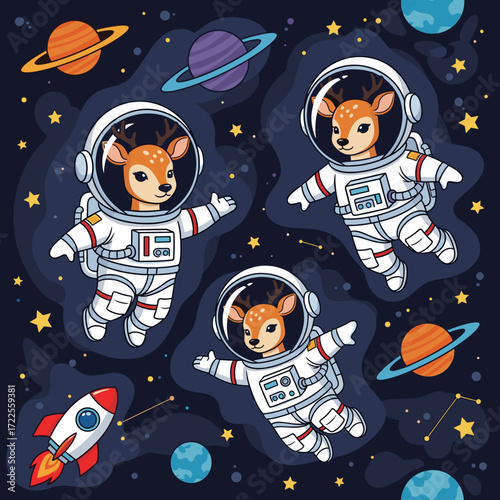 Cute deer astronauts float in starry space with planets and rocket perfect for kids concepts