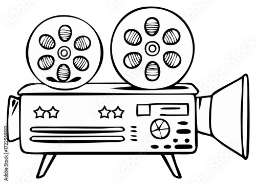 Vintage film projector illustration with reels and stars for movie and cinema themes