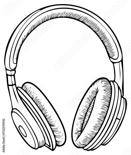 Hand drawn headphones illustration in a black and white vintage sketch style