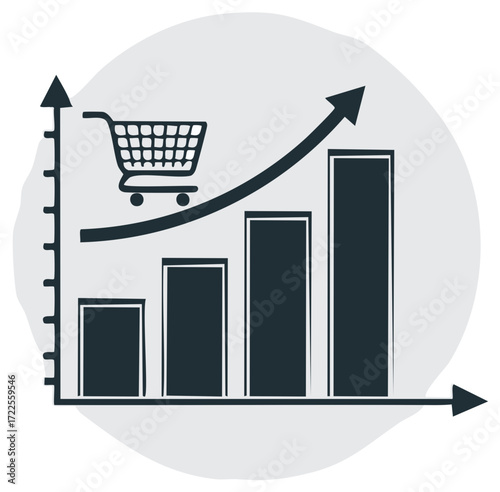 Bar Chart Showing Sales Growth with Shopping Cart Icon, Increasing Trend
