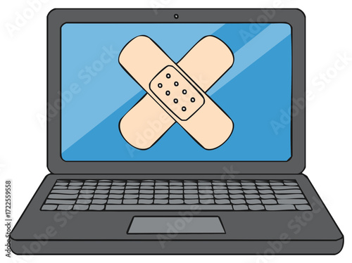 Laptop computer screen with two adhesive bandages forming an X shape symbolizing repair and recovery