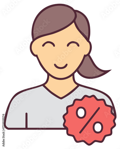 Female user profile icon with a sale or discount percentage badge for a loyalty program