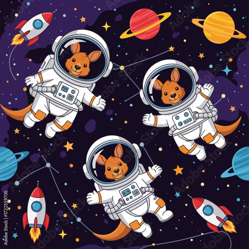Joyful cartoon kangaroos in astronaut suits exploring outer space with rockets and planets Kids cosmic adventure