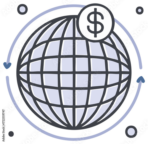 International finance illustration with dollar sign over globe, symbolizing global economy and money transfer.