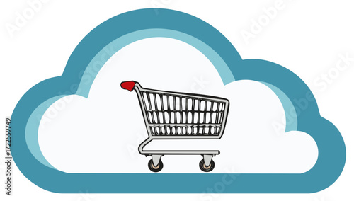 Shopping cart illustration inside a blue cloud shape symbol representing cloud store commerce