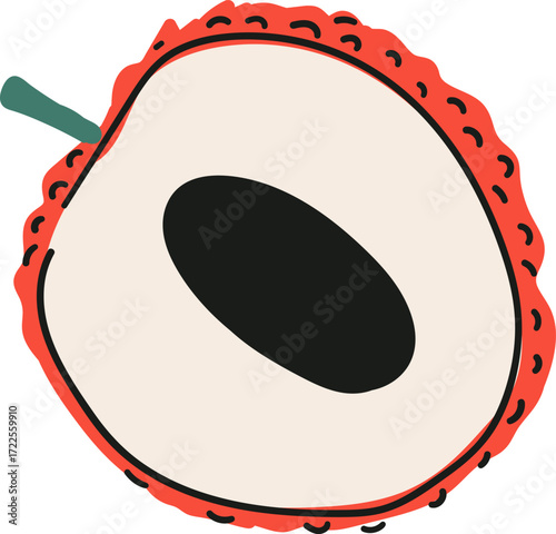 A half lychee fruit with a seed and stem