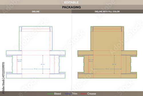 Custom flip top box packaging template with hidden style opening design featuring carton dieline and editable die line for precise folding carton production