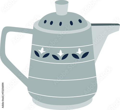 A light blue teapot with a dark blue floral pattern